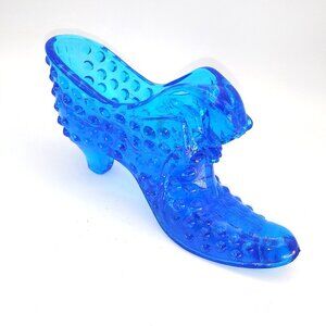 Vintage Fenton Art Glass Colonial cobalt Blue Hobnail Cat Head Shoe Slipper 5.5"
